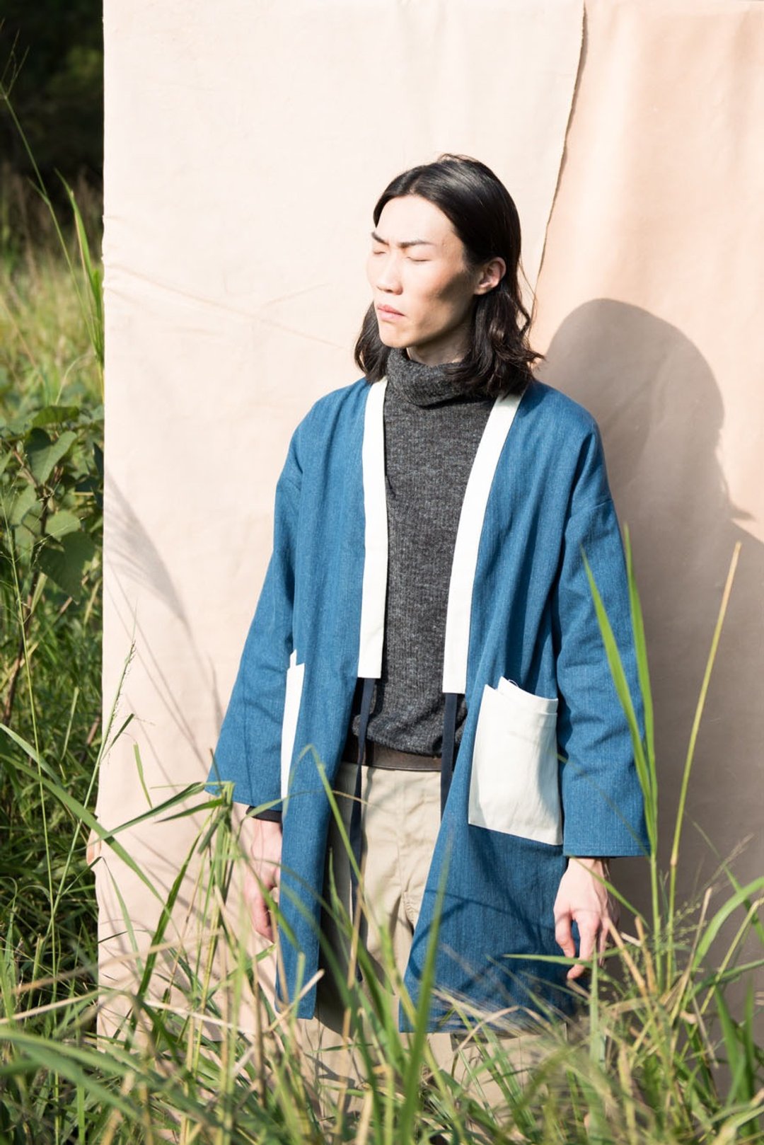 丹宁系列│和服罩衫│耳机孔设计│蓝白│ Denim kimono - 背带裤/连体裤 - 棉 蓝色