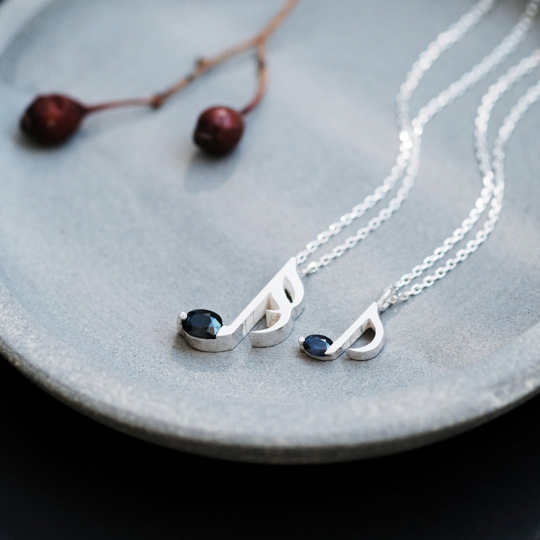 2 pieces set) Natural sapphire musical note pair necklace Silver 925 - 项链 - 宝石 蓝色