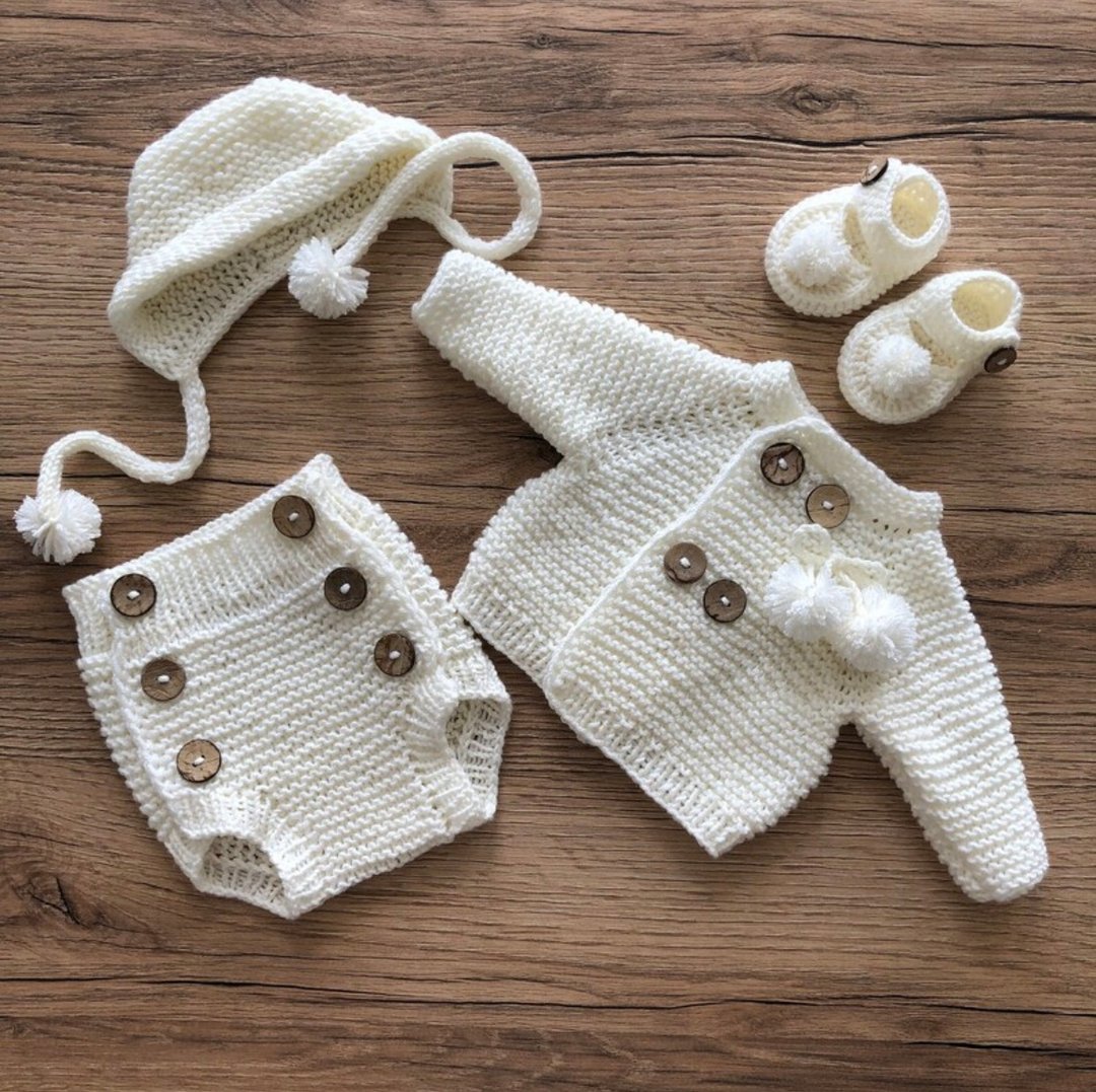Hand knit ivory clothing set: jacket, hat, panties, booties for baby. - 包屁衣/连体衣 - 其他材质 