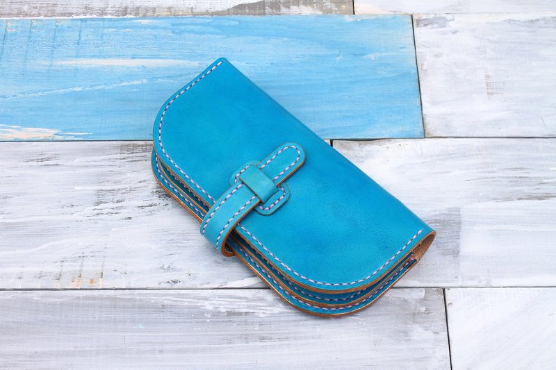 【切线派】意大利植鞣革纯手工真皮女士钱包扣条长夹款手染松石绿 - 皮夹/钱包 - 真皮 绿色