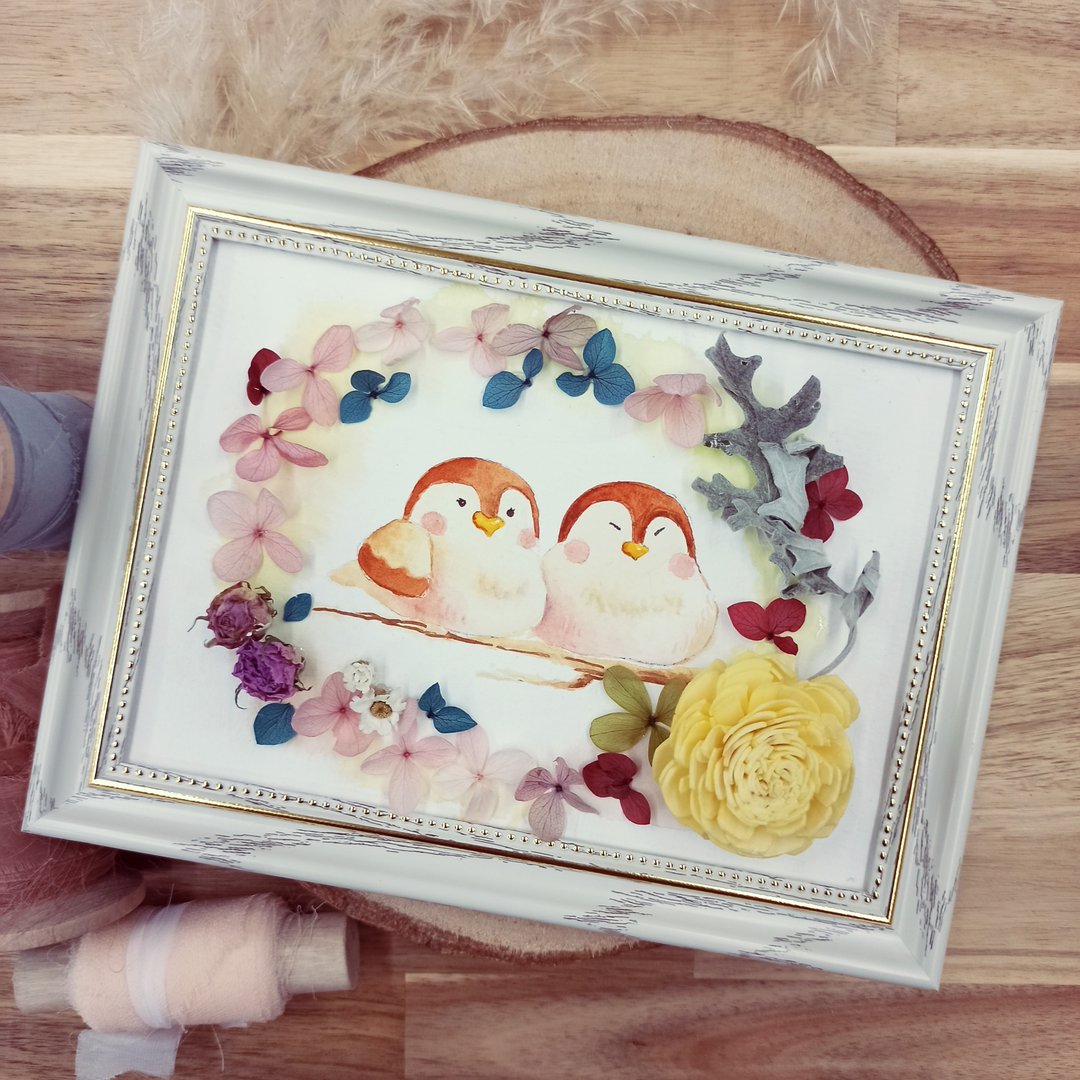 水彩课结合干燥花相框创作-麻雀的小春日和 七夕 婚礼 - 插画/绘画/写字 - 植物．花 