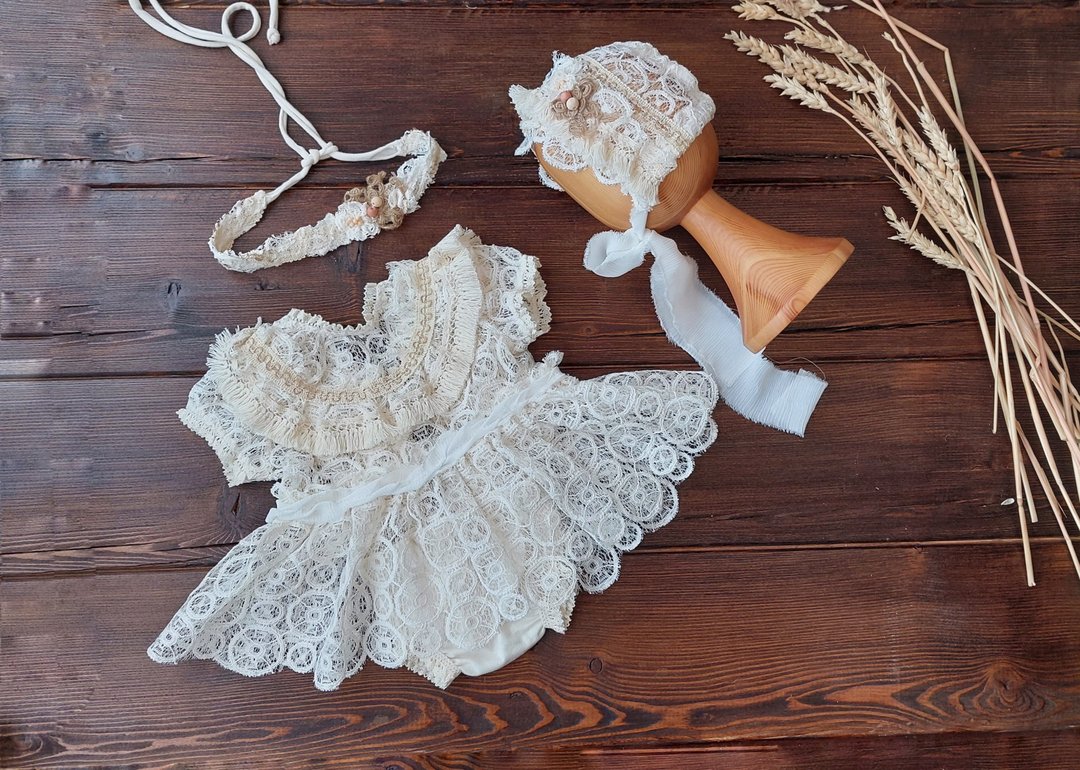 Boho beige girl outfit, newborn dress, headband, bloomer for photography props - 婴儿饰品 - 其他金属 