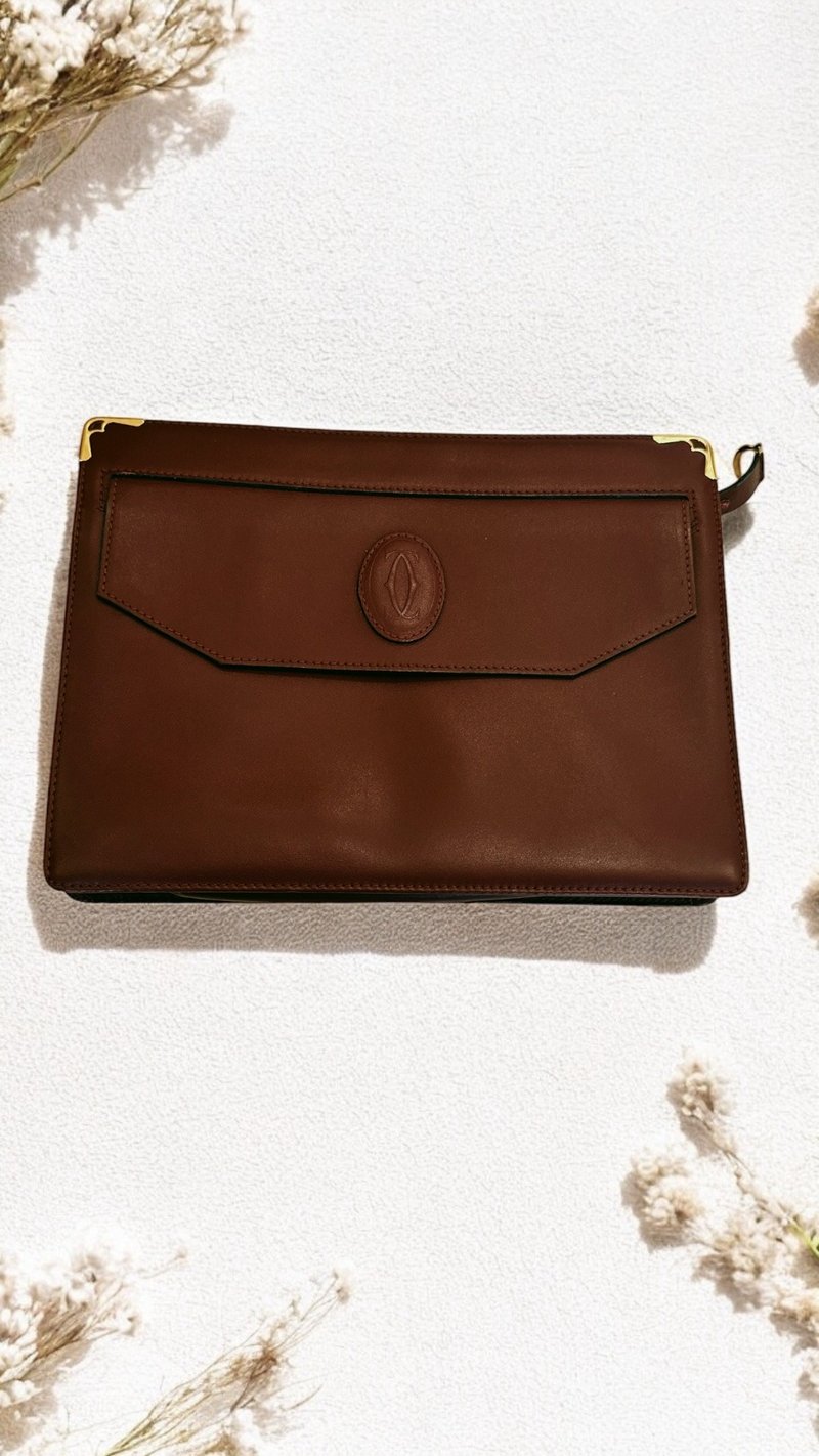 卡地亚Les Must De Cartier法国制真皮勃艮第酒红色手拿包 - 手拿包 - 真皮 咖啡色