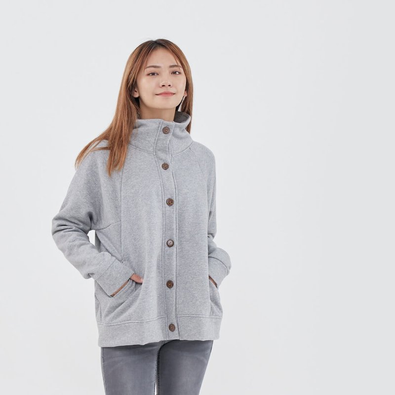Amanda 暖窩刷毛口袋高領外套/中灰 - 女装休闲/机能外套 - 棉．麻 灰色