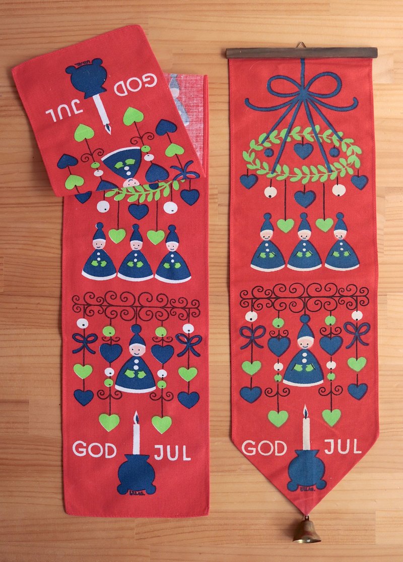 瑞典60年代Ulla Scheuer设计蓝色小精灵印画圣诞桌旗及挂旗二件 - 摆饰 - 棉．麻 红色