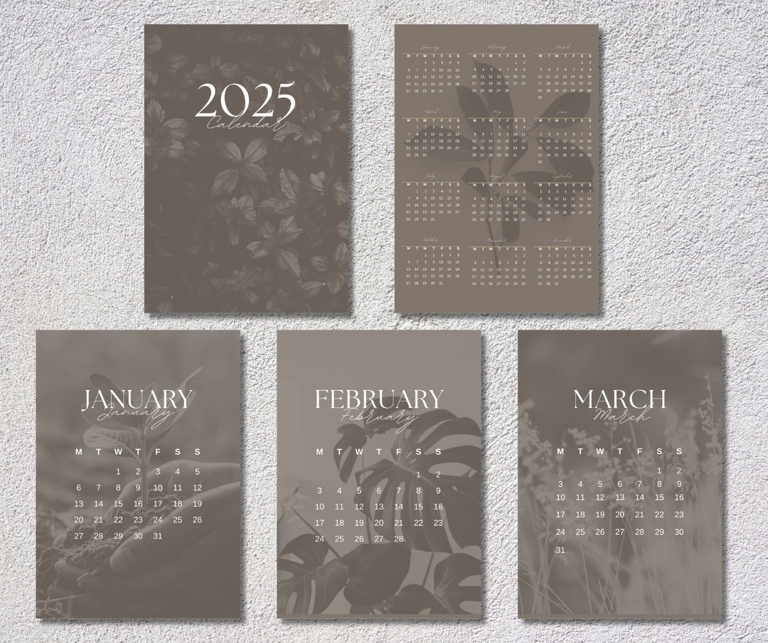 植物日历 2025 年，垂直，周一开始，数位下载 - 电子手绘真人画像/绘画/插画 - 其他材质 
