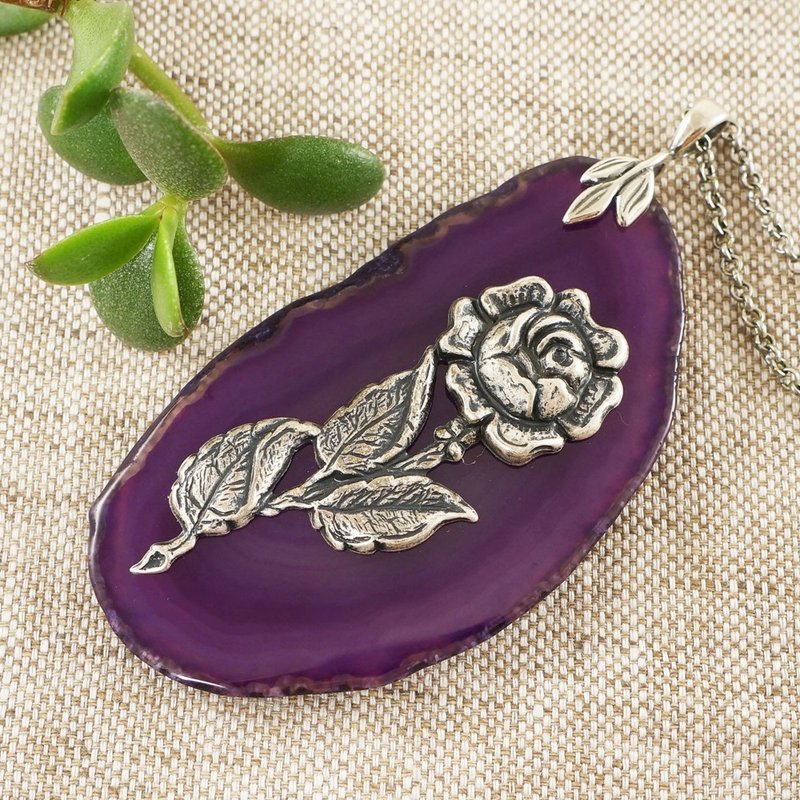 Purple Agate Slice Necklace Ultraviolet Agate Slab Rose Pendant Necklace Jewelry - 项链 - 半宝石 紫色