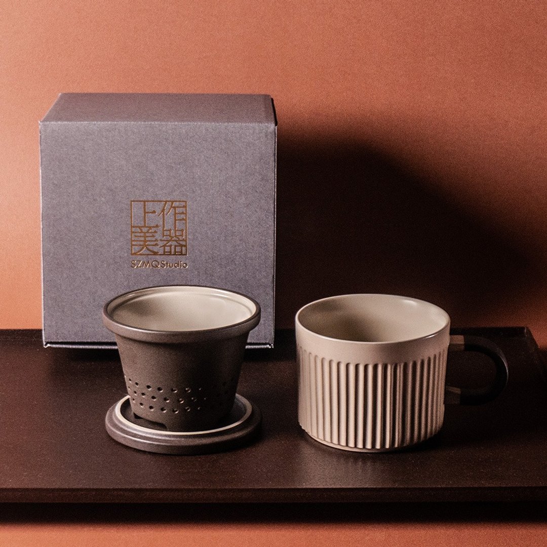 远红外线尊爵直纹泡茶杯 250ml 职人手工三件组 - 茶具/茶杯 - 陶 卡其色