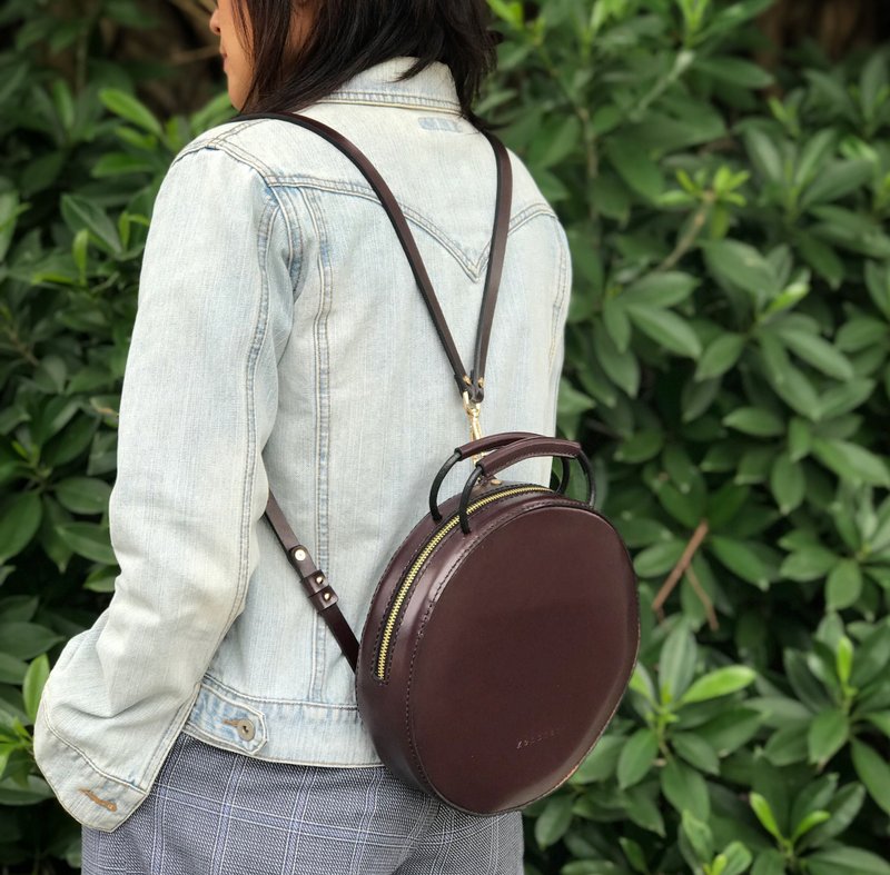 Zemoneni 圆圆的酒红色后背包 手拎包 可拆式背包 - 后背包/双肩包 - 真皮 红色