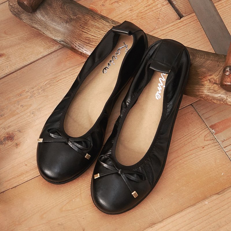 黑色 真皮蝴蝶结厚底娃娃鞋 - 芭蕾鞋/娃娃鞋 - 真皮 