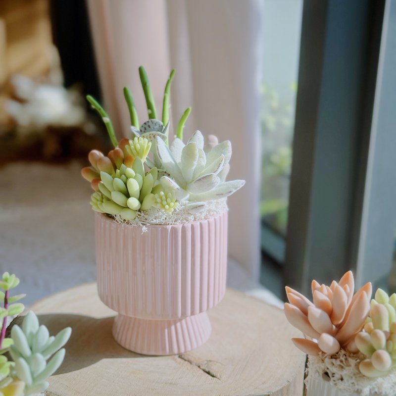 【日系礼物】多肉花园(竖纹款-粉色).手作黏土多肉植物.附提袋 - 摆饰 - 粘土 绿色
