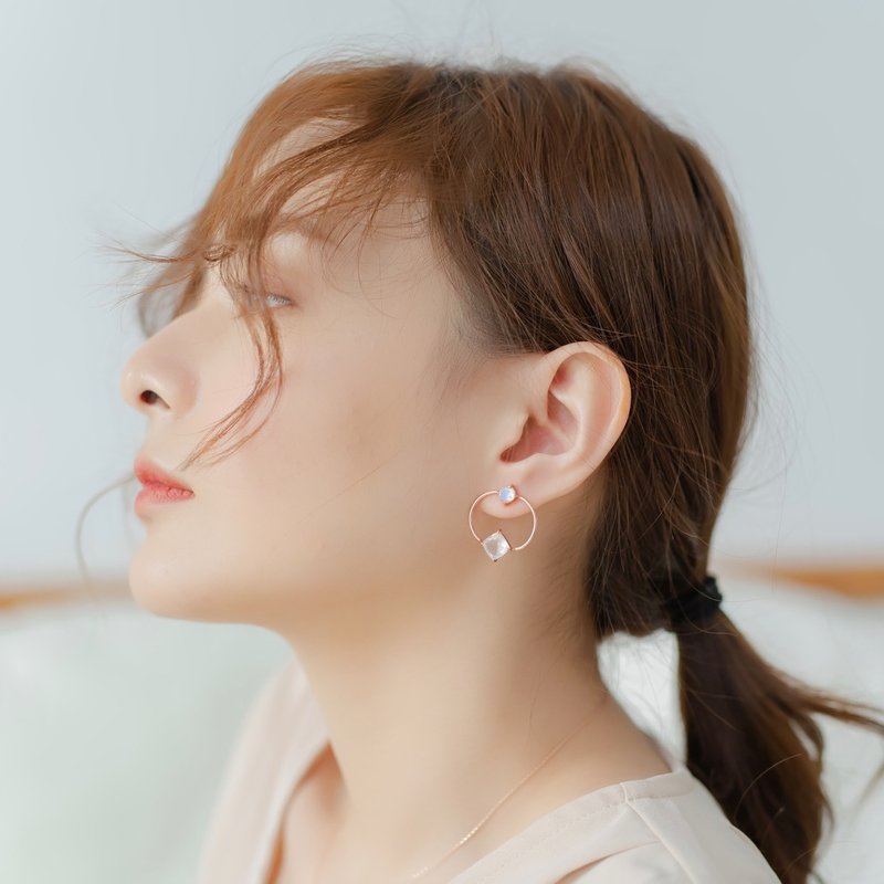 月光石 粉晶925纯银双宝石泡泡设计耳环-纯银镀玫瑰金 - 耳环/耳夹 - 宝石 蓝色