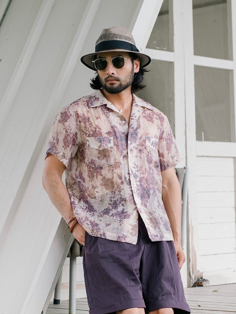 SOARIN义式复古麻纱印花休闲衬衫(2527C416) - 男装衬衫 - 棉．麻 紫色