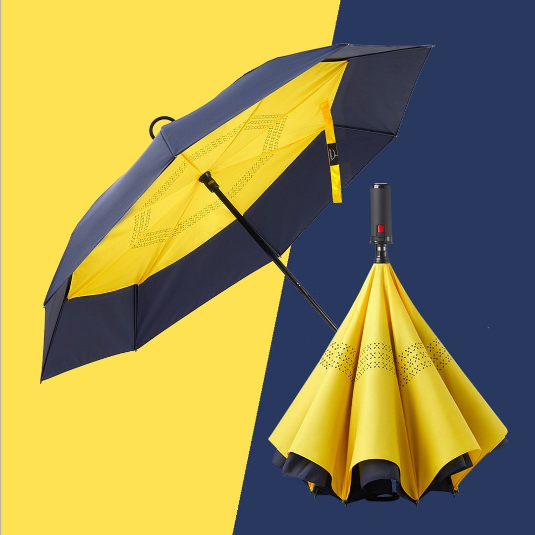 美而耐【反向伞-蓝面黄底】一键收伞 内聚雨水 抗风防泼水 大伞面 - 雨伞/雨衣 - 防水材质 蓝色
