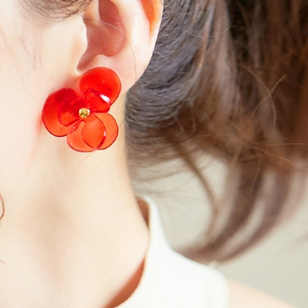 Crystal Flower || Earrings || Red - 耳环/耳夹 - 压克力 红色