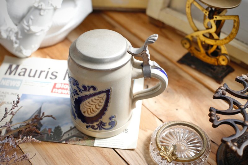 老德国名瓷Goebel钴蓝锡盖手工厚陶瓷雕花啤酒杯 - 酒杯/酒器 - 陶 多色