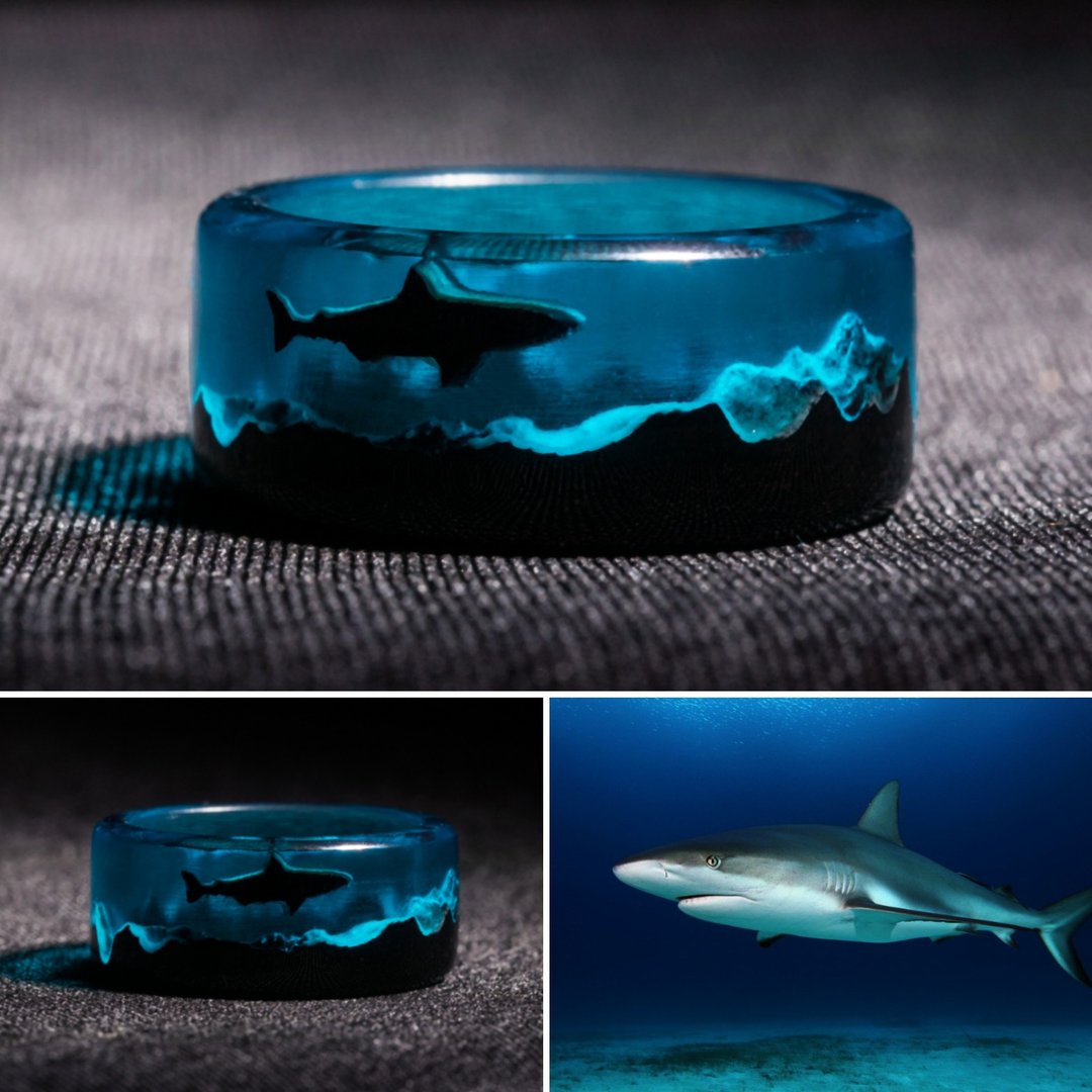 Wooden resin ring Shark ring for men and women glows in the dark - 戒指 - 树脂 蓝色