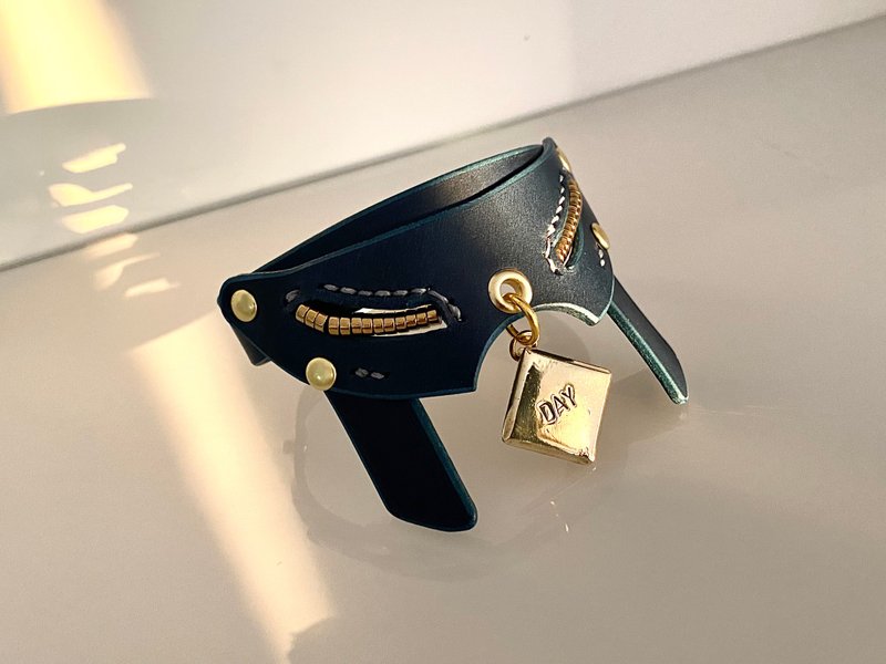 意大利皮革-蓝色油皮阿努比斯款 - 项圈/牵绳 - 真皮 蓝色