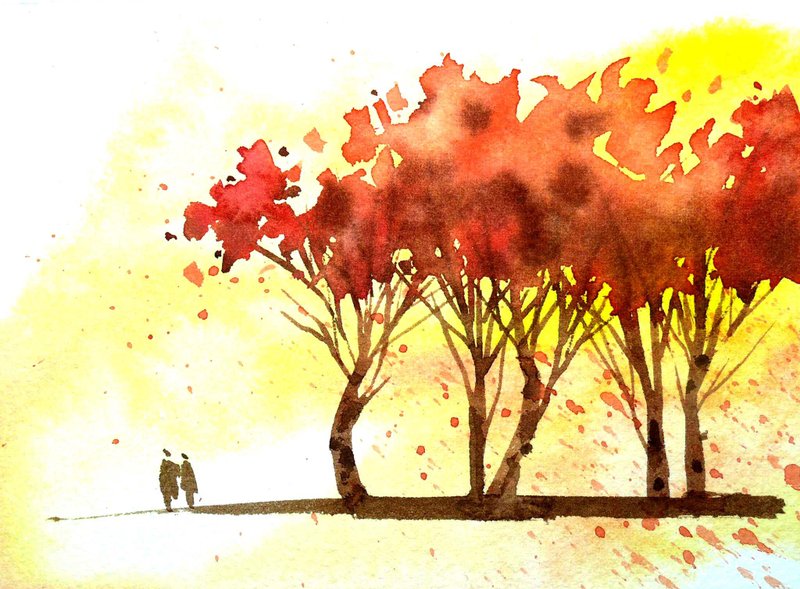 樱红系树林系列490-水彩手绘限量版明信片/圣诞卡 - 卡片/明信片 - 纸 红色