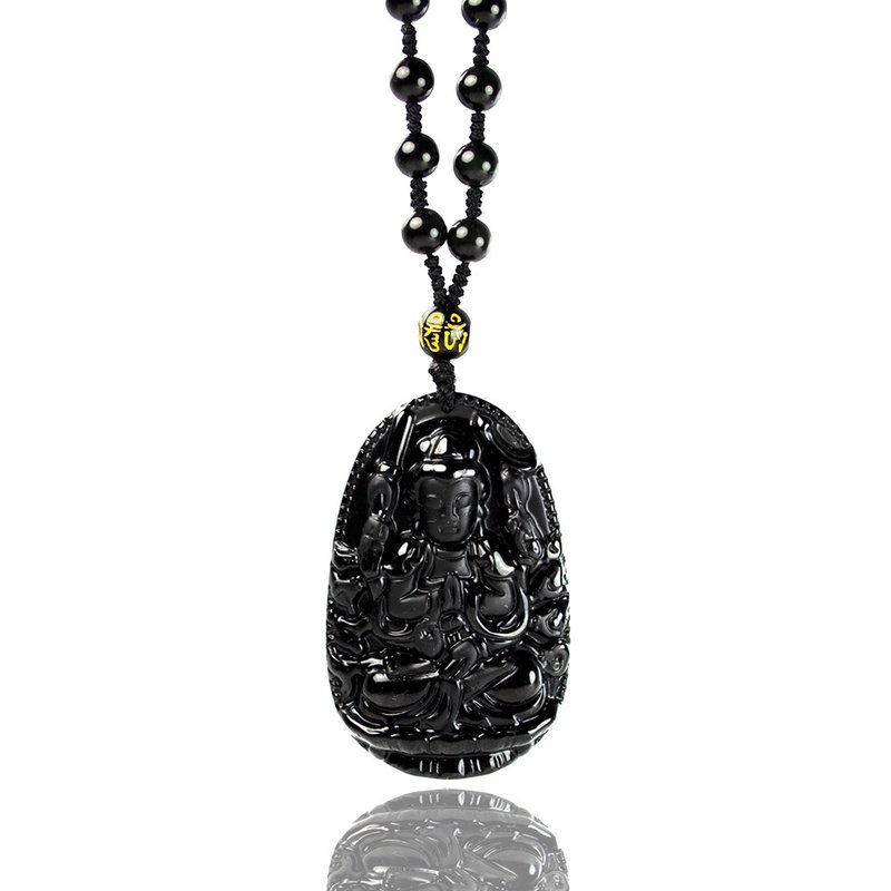【正佳珠宝】黑曜石 千手千眼观音 生肖鼠守护神 黑曜石雕刻吊坠 - 项链 - 半宝石 黑色