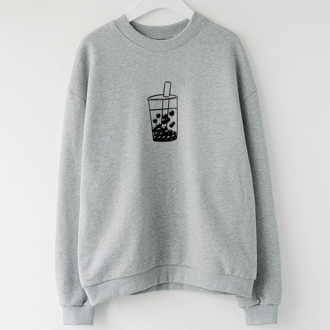 Bubble Tea 大学T 刷毛 中性 灰色 男女装珍珠奶茶饮料清新秋冬 - 女装上衣 - 棉 灰色