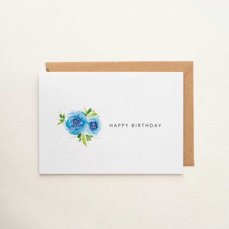 玫瑰花水彩生日卡片 定制化卡片 明信片 花卉 植物 祝福卡 谢卡 - 卡片/明信片 - 纸 蓝色