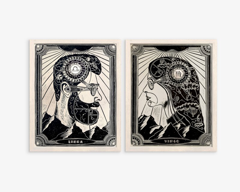 画廊墙 2 件套个性化十二生肖印刷品男性和女性肖像 - 海报/装饰画/版画 - 纸 黑色