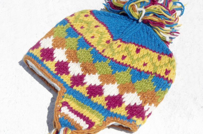 圣诞礼物 创意礼物 限量手工针织纯羊毛帽 / 手工内刷毛毛帽 / 针织毛帽 / 飞行毛帽 / 毛线帽 - 缤纷糖果色 费尔岛几何民族图腾 - 帽子 - 羊毛 多色