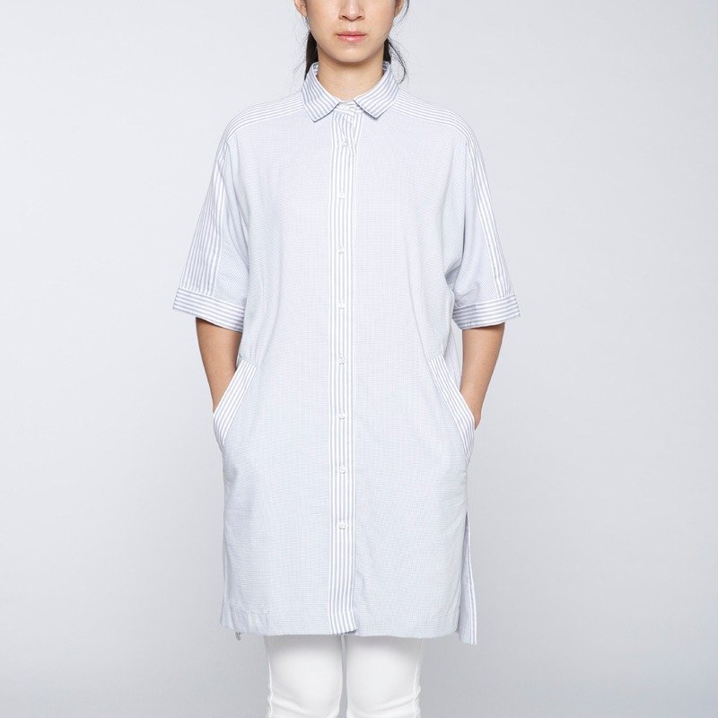 【诗与远方】希望记忆里的妳一直都好 千鸟格拼条纹-灰 - 女装衬衫 - 棉．麻 灰色