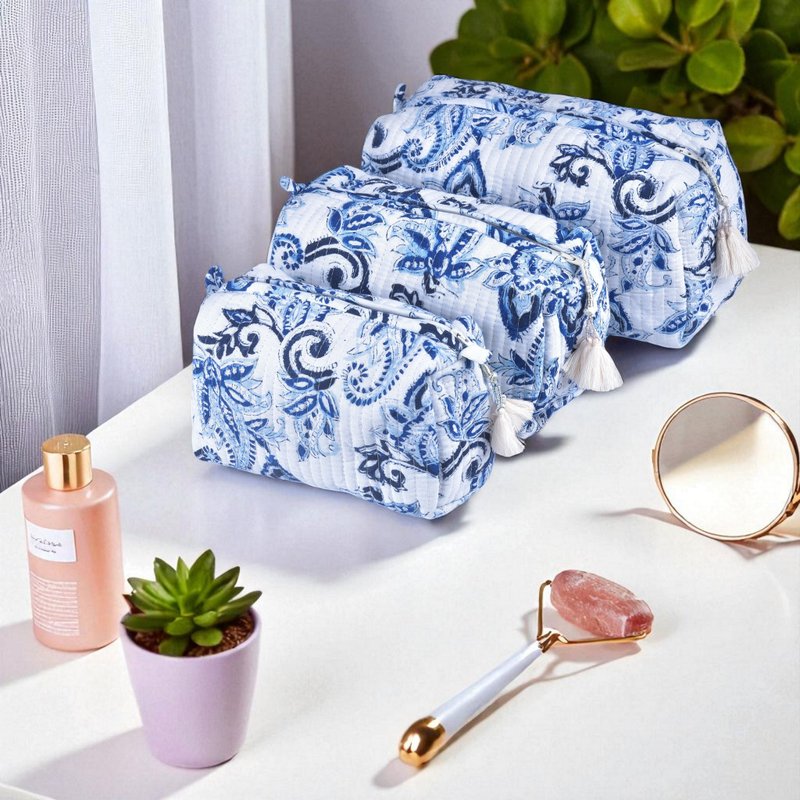 靛蓝印花化妆包三件套 – 棉质拉链旅行收纳袋 - 化妆包/杂物包 - 其他材质 蓝色
