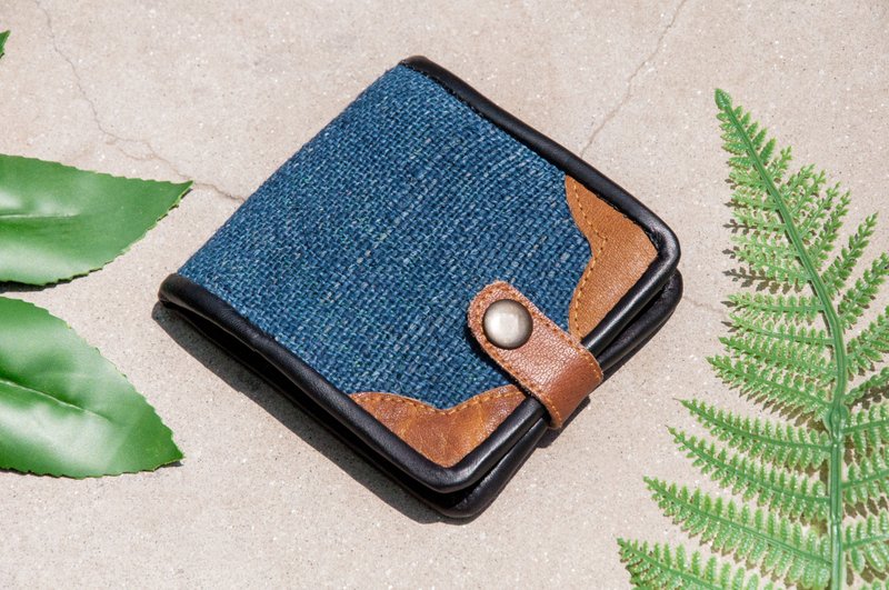 棉麻皮夹 手工编织皮革短夹 短皮夹 零钱包 编织皮夹-蓝染森林 - 皮夹/钱包 - 真皮 蓝色