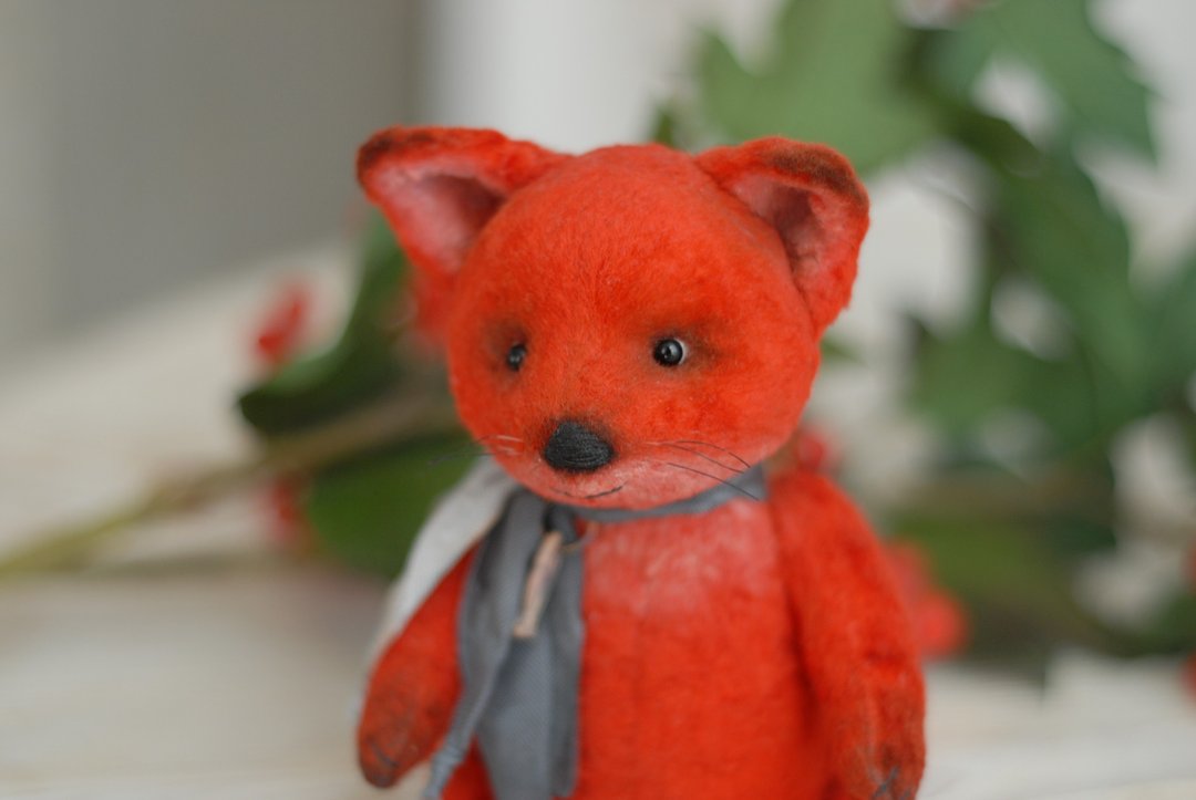 Stuffed teddy fox, Artist teddy fox, Miniature teddy red fox - 玩偶/公仔 - 棉．麻 红色