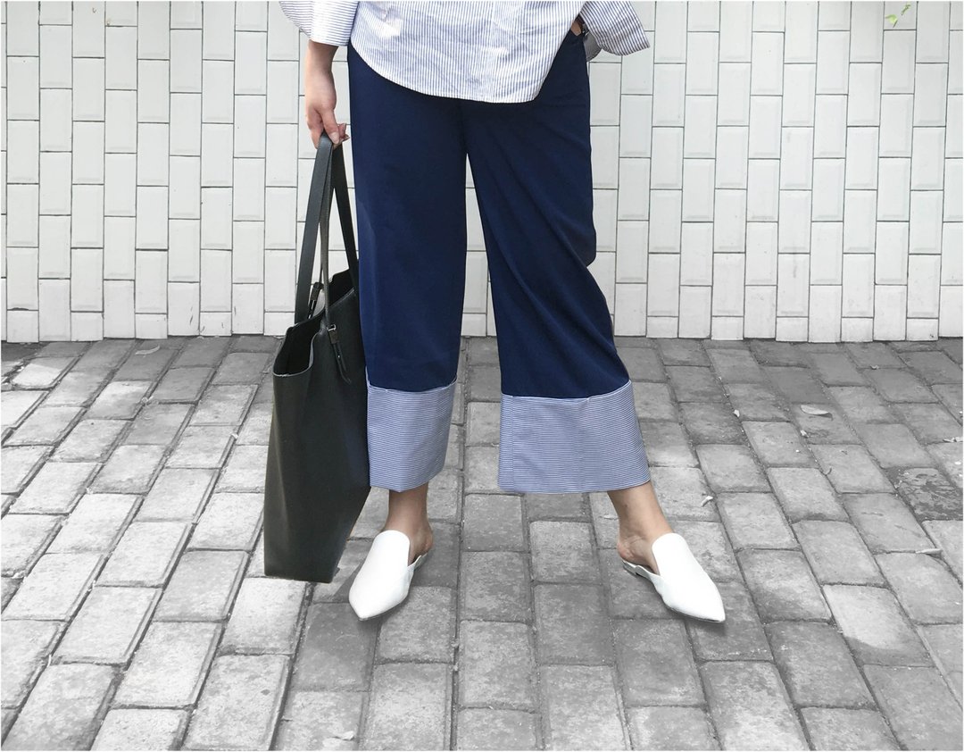 Blue Folded Hem Straight Pants - 女装长裤 - 其他材质 蓝色