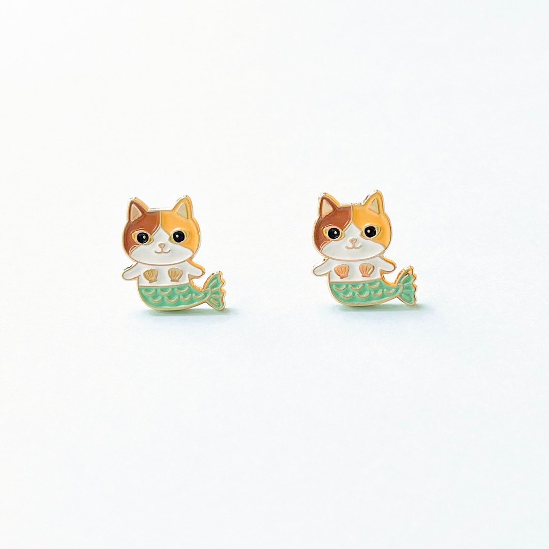 Meow美人鱼猫猫耳环 - 可转夹式 - 耳环/耳夹 - 珐琅 蓝色