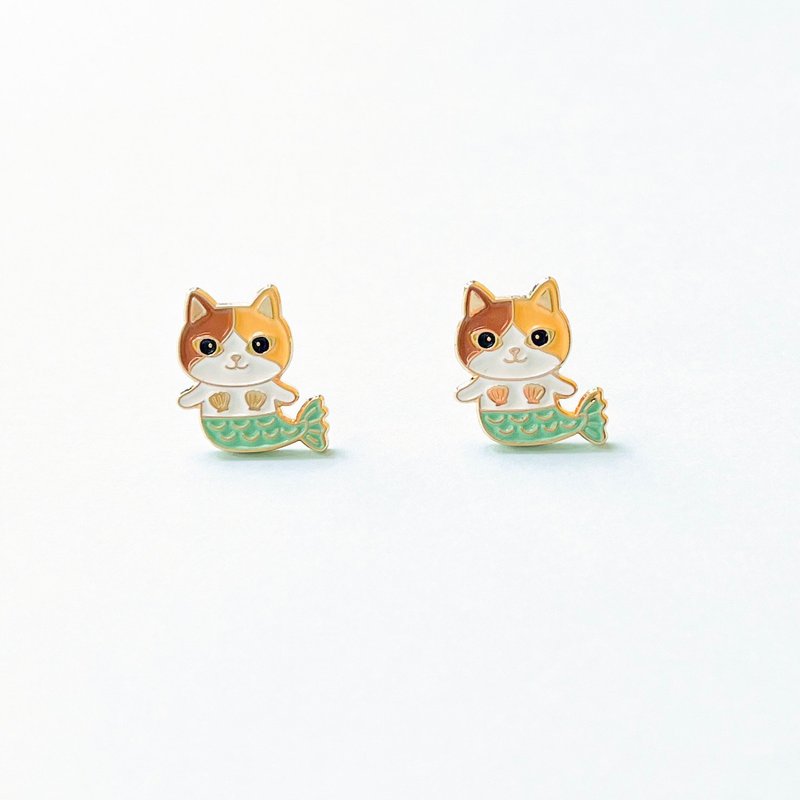 Meow美人鱼猫猫耳环 - 可转夹式 - 耳环/耳夹 - 珐琅 蓝色