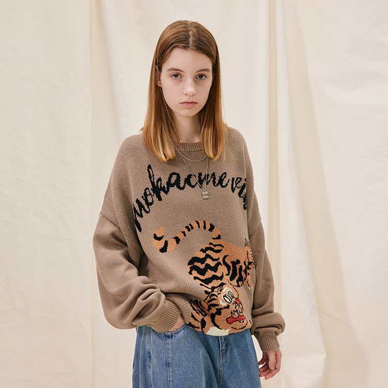 MOKACME VIBE 21AW秋冬原创下山虎提花毛衣针织衫虎年寅年 - 男装针织衫/毛衣 - 聚酯纤维 卡其色