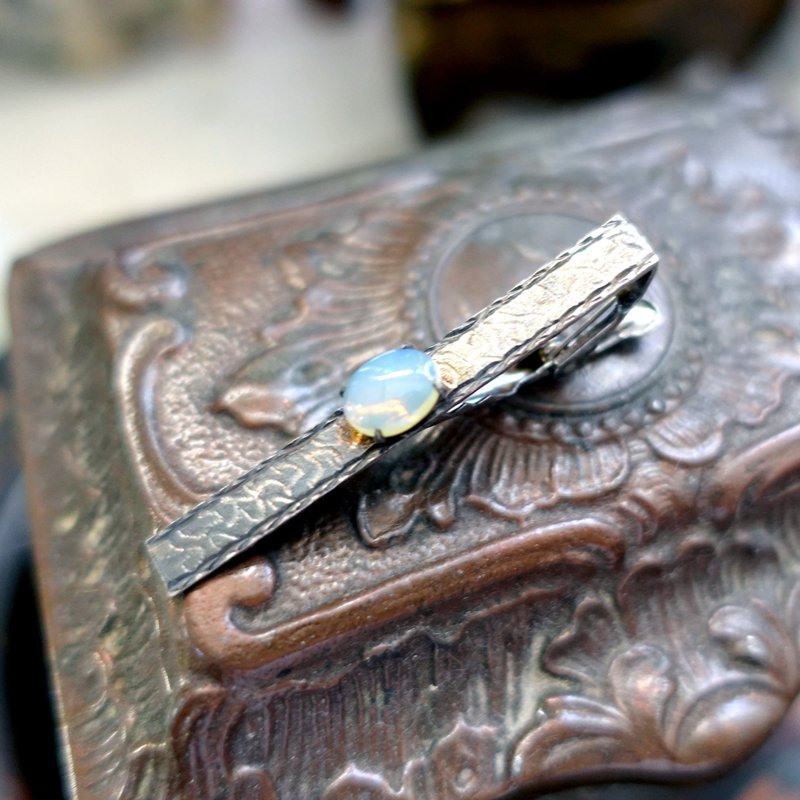 中古镀纯银蛋白宝石领带夹呔夹 高级男仕西装衬衫饰品 二手古着 - 领带/领带夹 - 其他金属 银色