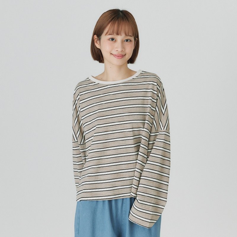 【Simply Yours】针织条纹拼接上衣 咖啡F - 女装上衣 - 棉．麻 咖啡色