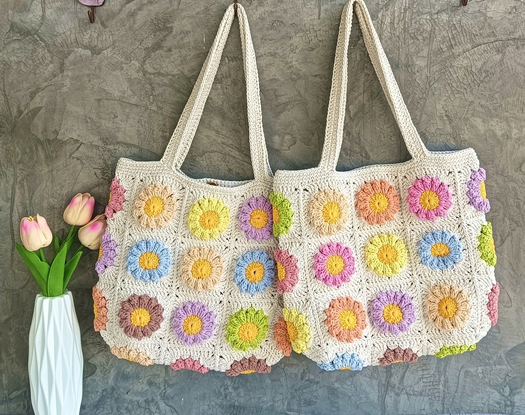 水洗线钩针编织托特包 pastel flowers crochet tote bag - 手提包/手提袋 - 棉 