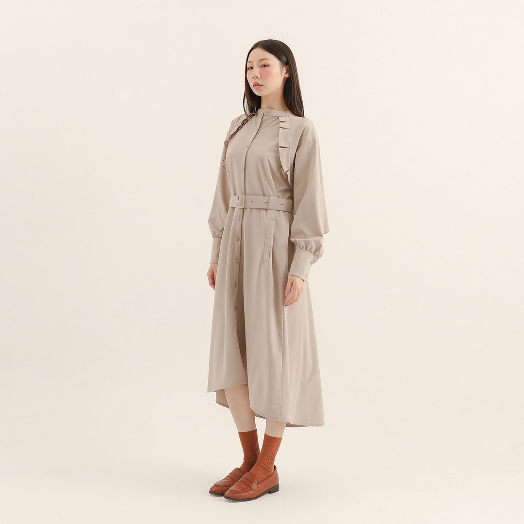Feifei_飞飞荷叶洋装_ 25AF103_米 - 洋装/连衣裙 - 聚酯纤维 卡其色