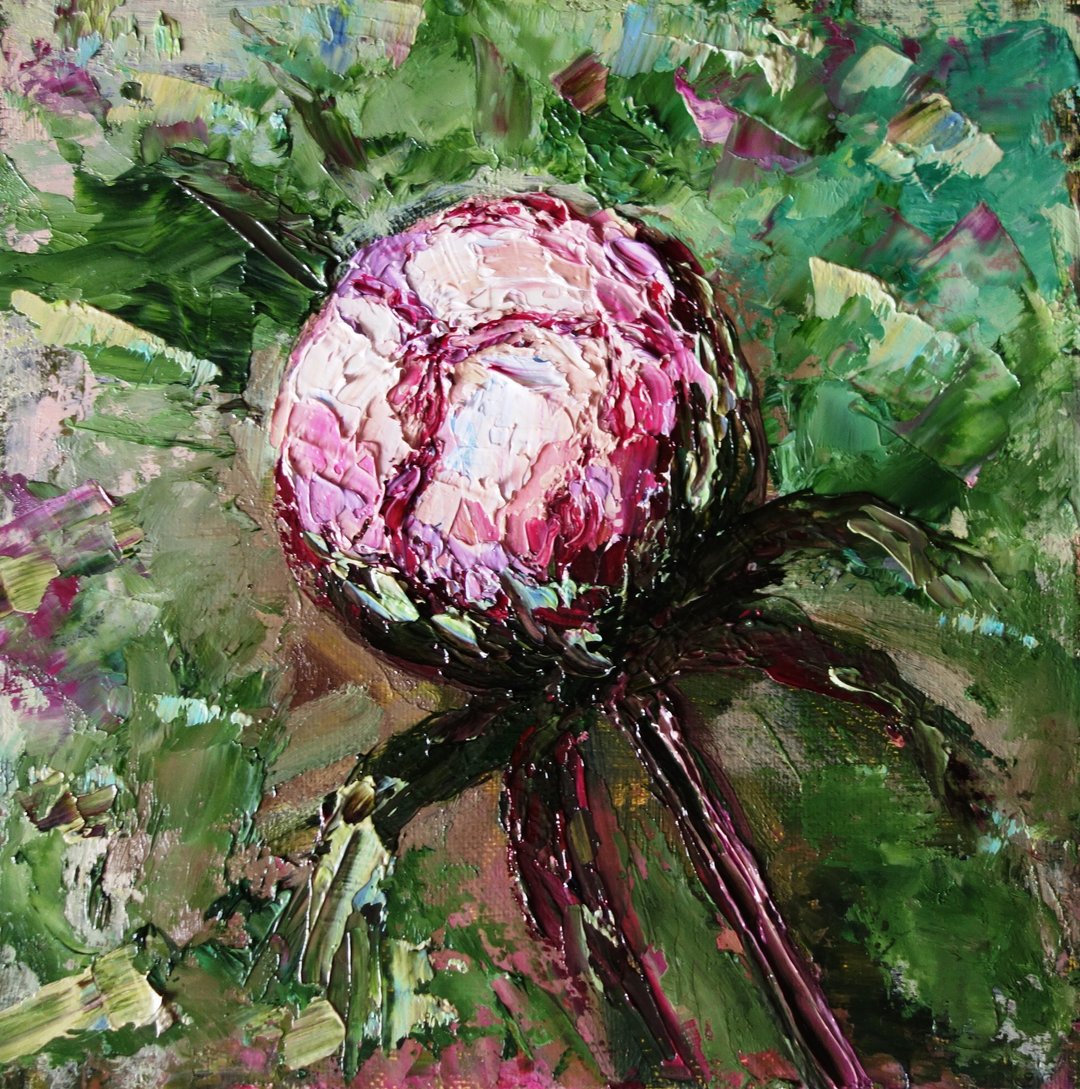 Peony Painting Oil Flower Original Art Bud Artwork Impasto Canvas Art - 海报/装饰画/版画 - 颜料 多色