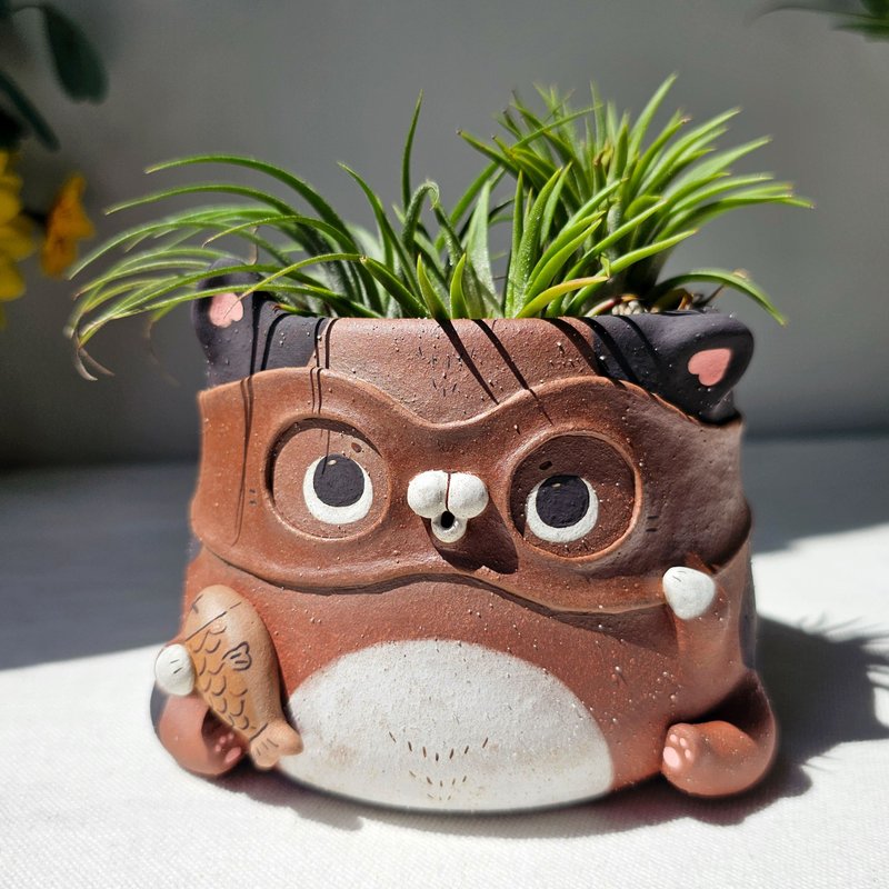 Cat plant pot, a cute fish thief. Brown animal planter. - 花瓶/陶器 - 陶 