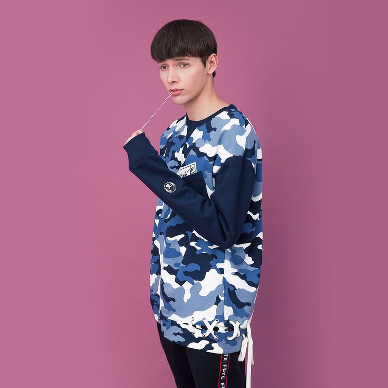 【出清品】中性款 迷彩 绑带圆领刷毛运动衫 / 迷彩蓝 - 男装上衣/T 恤 - 棉．麻 蓝色