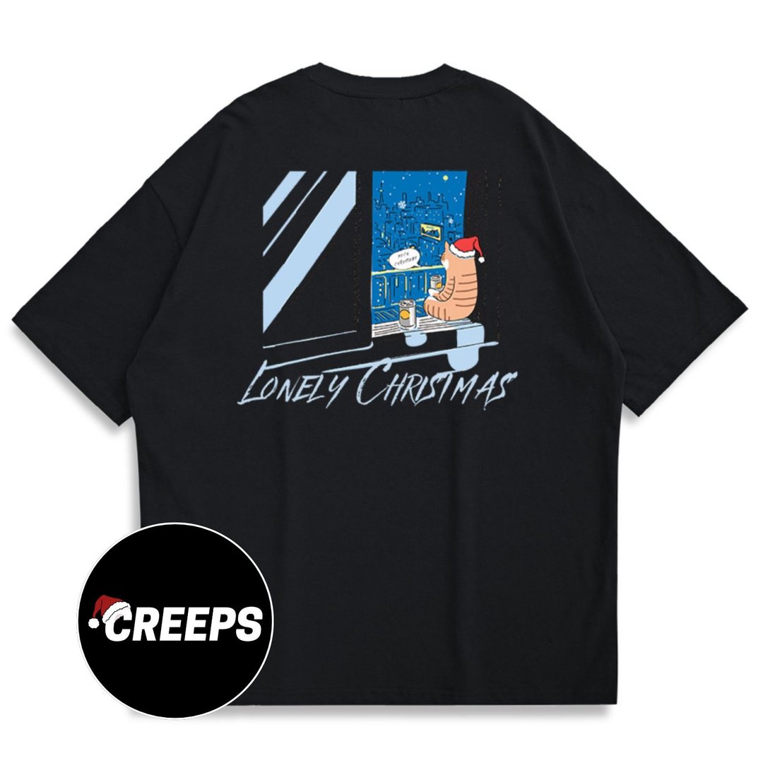 【CREEPS】Lonely Christmas Cat 宽松重磅印花T恤 210g - 男装上衣/T 恤 - 棉 多色