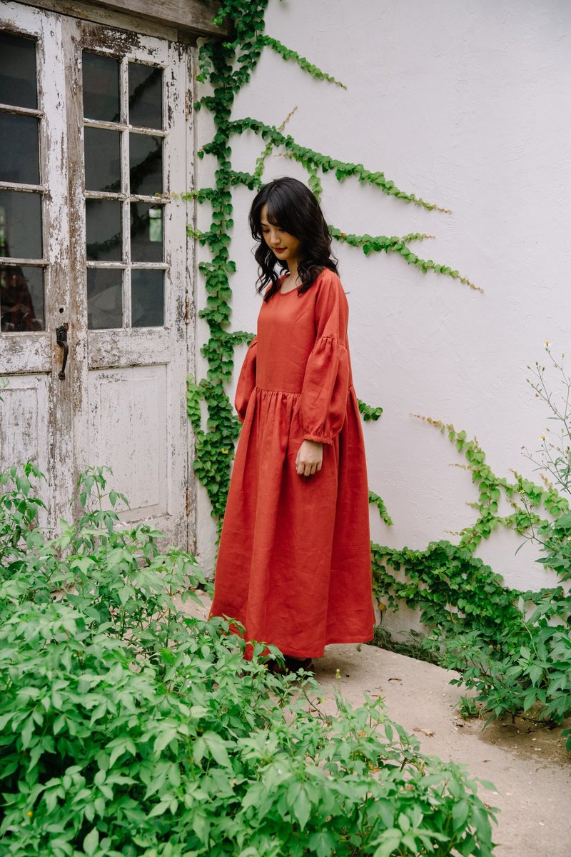 【Off-Season Sales】Linen Round neck puffy sleeve dress in Tomato Red - 洋装/连衣裙 - 棉．麻 红色
