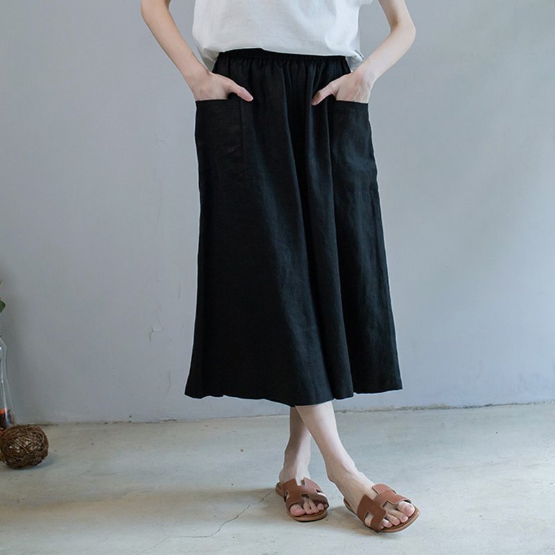 宽松亚麻宽裤裙 黑色 F - 女装长裤 - 棉．麻 黑色