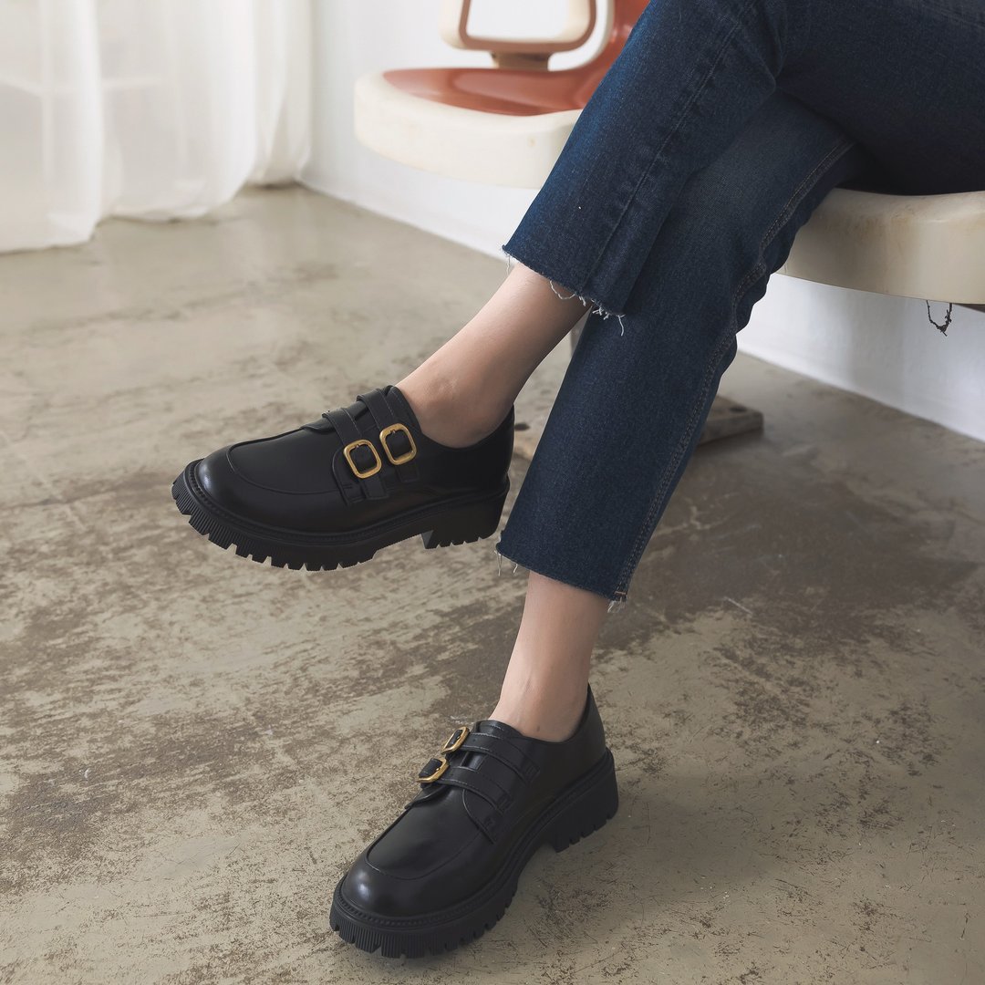 【I called Love】皮帐马车 | 学院风厚底乐福鞋 - 女款牛津鞋/乐福鞋 - 真皮 黑色