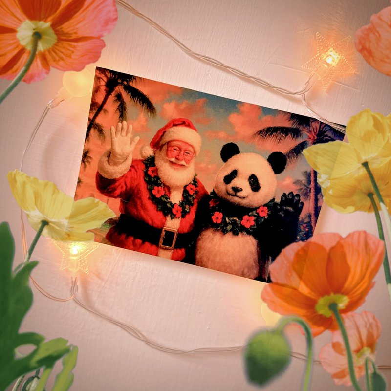 Daily Christmas 夏威夷趣 温暖油画风圣诞老公公&猫熊 - 卡片/明信片 - 纸 多色