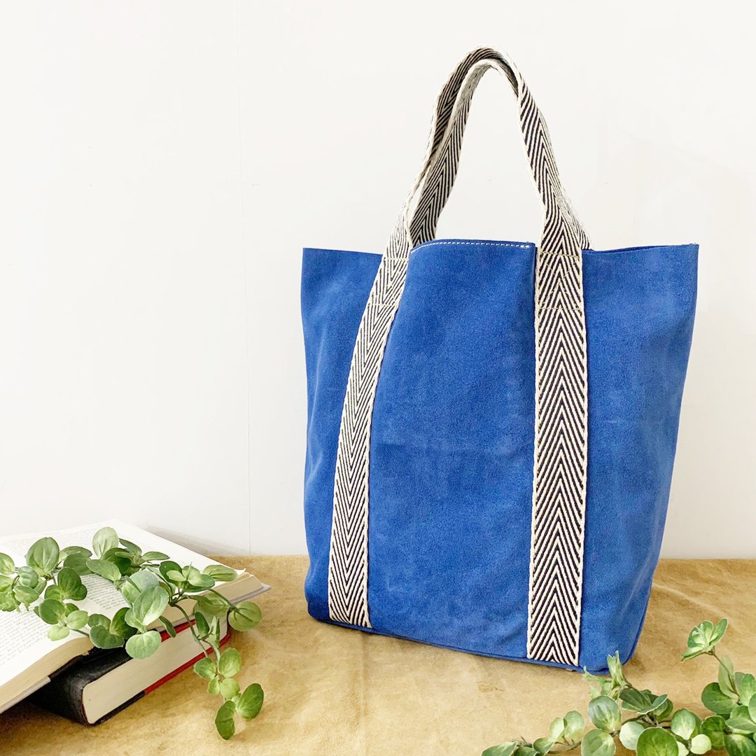 Cow suede leather cotton shoulder tote bag available in 3 colors - 手提包/手提袋 - 真皮 咖啡色