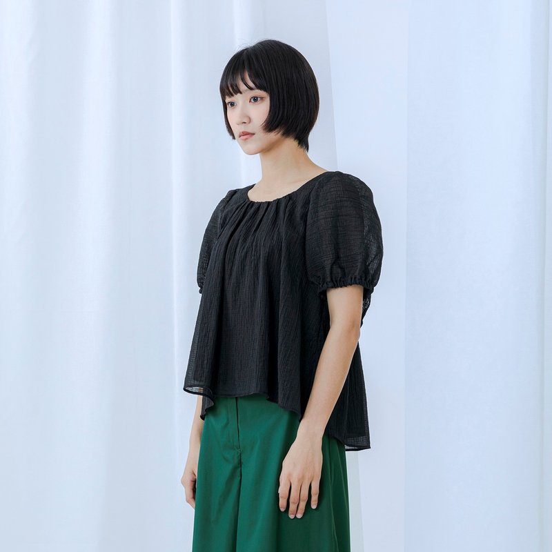 U背荷叶泡泡袖上衣 - 女装上衣 - 棉．麻 黑色